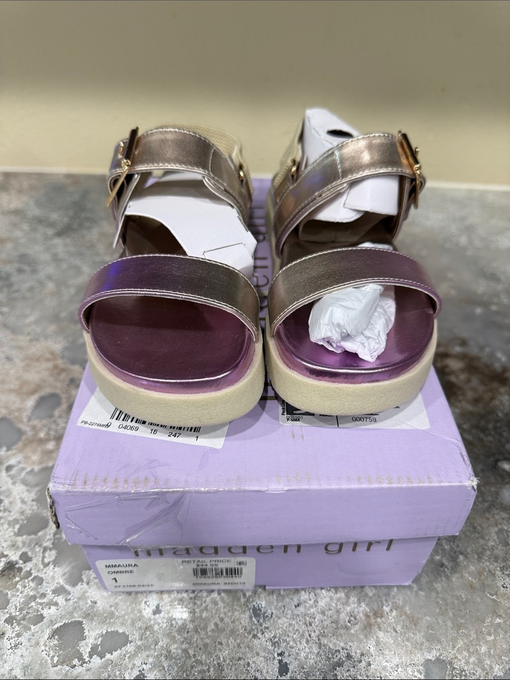 Madden Girl Rose Gold Platform Sandals with Purple Footbed